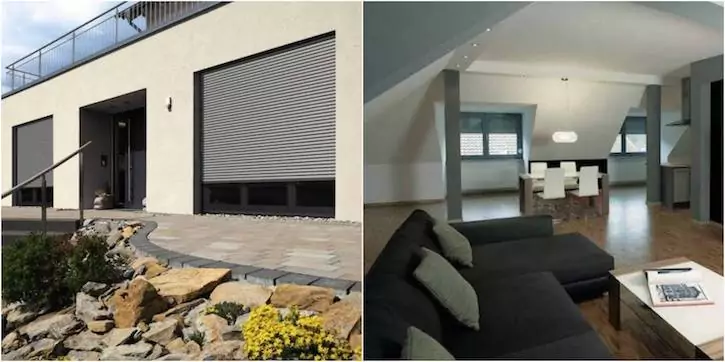 Moderner Neubau mit Rollläden an großen Fenstern sowie Wohnraum mit integriertem Sonnenschutz.
